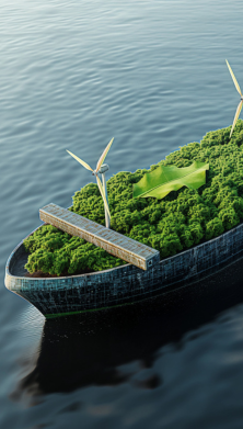 Abstract image of a ship with a forest cover along with windmills and solar panels depicting sustainable shipping 