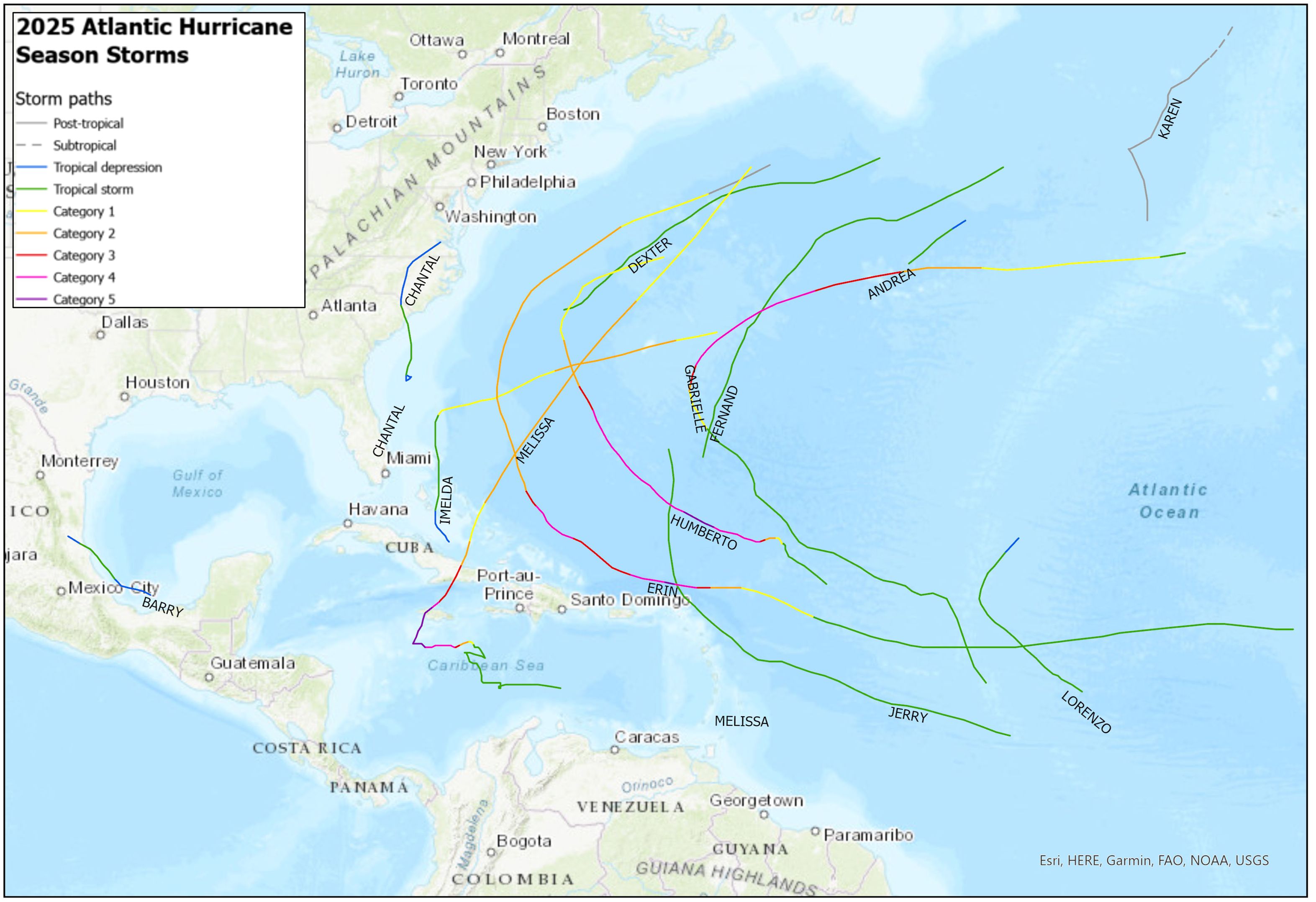Paths of the 2025 North Atlantic storms 