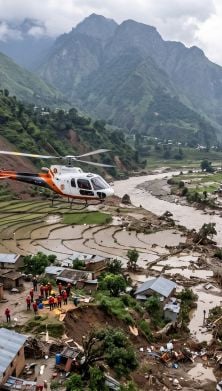 Helicopter above destroyed village